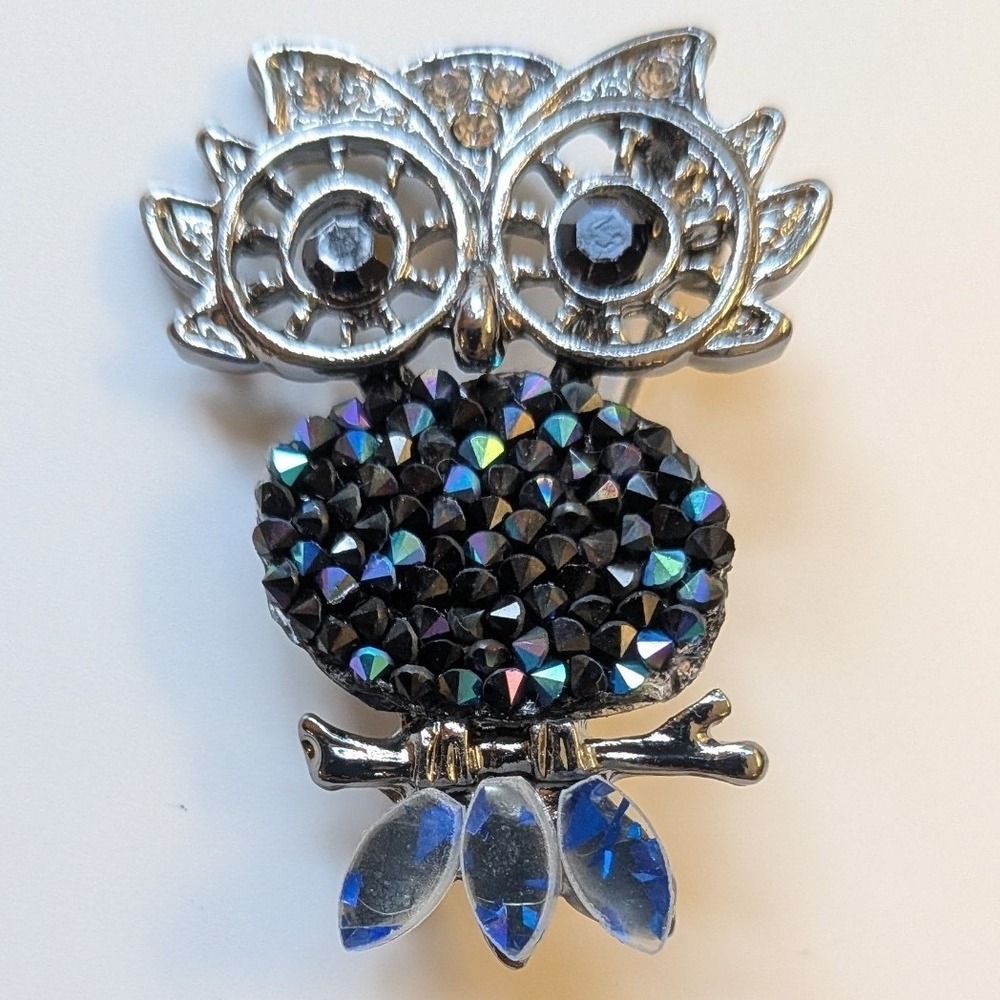 Gunmetal Owl Brooch Necklace Combo Iridescent AB Rhinestone Critter Pendant